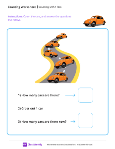 Counting with 1 less - Cars | Math Worksheet