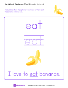 Read & trace the sight word - Eat | Reading & Writing Worksheet