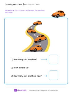 Counting plus 1 more - Cars | Math Worksheet