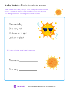 Read and complete the sentences - Sun | Reading & Writing Worksheet