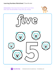 Count and Color - Five | Math Worksheet