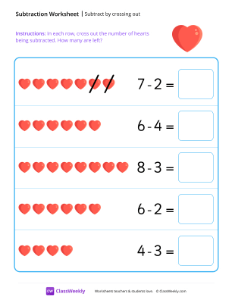 Subtract by crossing out - Heart | Math Worksheet