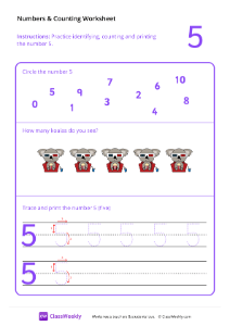 Counting and Tracing Numbers: 5 | Math Worksheet