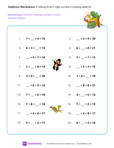 Adding 3 numbers with missing addend - Jungle | Math Worksheet