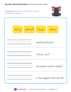 Write the question words - Elephant | Reading & Writing Worksheet