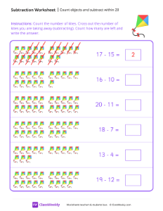 Count objects and subtract within 20 - Kite | Math Worksheet