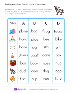 Circle the correctly spelled word - Cow | Reading & Writing Worksheet