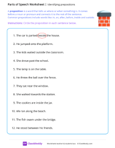 Identifying prepositions - Chimney | Grammar Worksheet