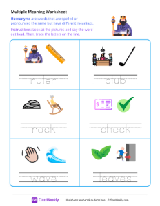 Write the multiple meaning words - Ruler | Reading & Writing Worksheet