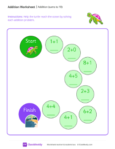 Addition Maze (Sums to 10) - Turtle | Math Worksheet