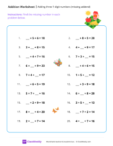 Adding 3 numbers with missing addend - Picnic | Math Worksheet