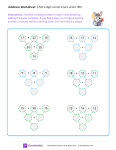 Add 2-digit numbers (sum under 100) - Bunny | Math Worksheet