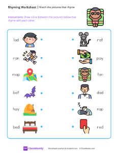 Match the pictures that rhyme - Tan | Reading & Writing Worksheet