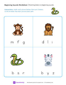 Matching Letters to Beginning Sounds - Snake | Reading & Writing Worksheet