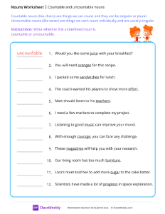 Countable and uncountable nouns - Gemini | Grammar Worksheet