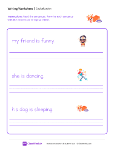 First Word Capitalization - Lazy Pup | Reading & Writing Worksheet