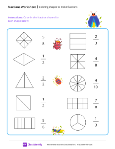 Coloring shapes to make fractions - Bugs | Math Worksheet