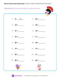 Write numbers (1-50) as Roman Numerals - Gladiator | Math Worksheet