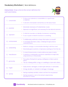 Word definitions - Cave Shades | Reading & Writing Worksheet