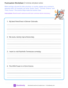 Commas and place names - Eiffel | Reading & Writing Worksheet