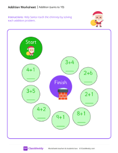 Addition Maze (Sums to 10) - Santa | Math Worksheet