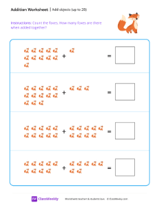 Add objects (up to 20) - Foxes | Math Worksheet