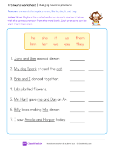 Changing nouns to pronouns - Dinner | Grammar Worksheet