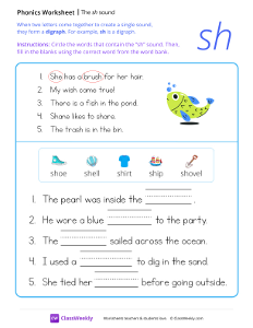 Digraph sounds - The 'sh' sound | Reading & Writing Worksheet