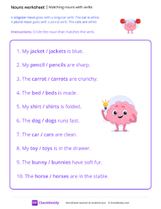 Matching Nouns With Verbs - Brain Muscle | Grammar Worksheet