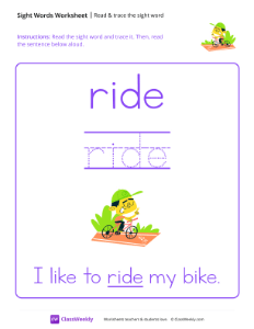 Read & trace the sight word - Ride | Reading & Writing Worksheet