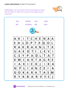 Letter K word search - Map Search | Reading & Writing Worksheet