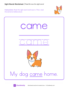 Read & trace the sight word - Came | Reading & Writing Worksheet