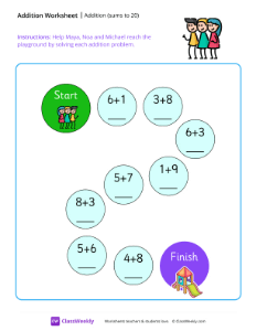 Addition maze (sums to 20) - Friends | Math Worksheet