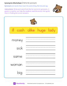 Write the synonyms - Mr. Bear | Reading & Writing Worksheet