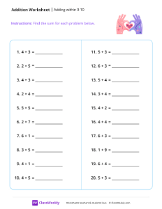 Adding within 10 - Love | Math Worksheet