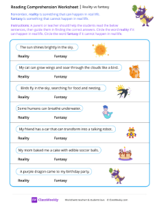 Reality vs Fantasy - Purple Dragon | Reading & Writing Worksheet