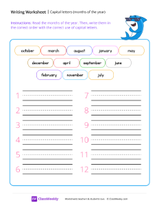 Capital letters (months of the year) - Shark | Reading & Writing Worksheet