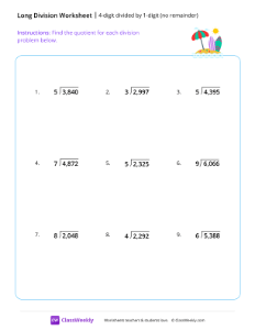 4-digit divided by 1-digit (no remainder) - Beach | Math Worksheet