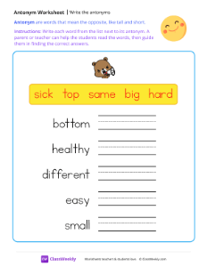 Write the antonyms - Smiley | Reading & Writing Worksheet