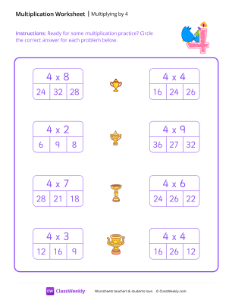 Multiply by 4 - Four Hippos | Math Worksheet