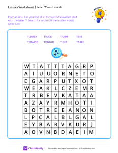 Letter T word search - Great Idea | Reading & Writing Worksheet