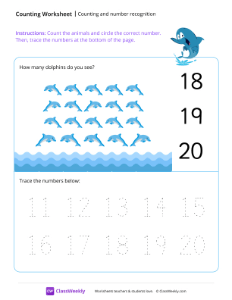 Counting and number recognition (20) - Dolphin | Math Worksheet