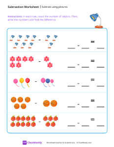 Subtract using pictures - Lamp | Math Worksheet