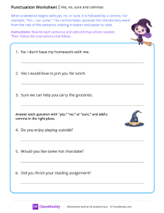 Yes, no, sure and commas - Witch | Reading & Writing Worksheet