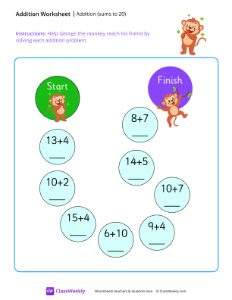 Addition maze (sums to 20) - Excited Monkey | Math Worksheet