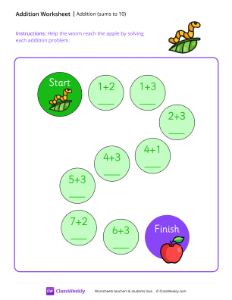 Addition Maze (Sums to 10) - Worm | Math Worksheet