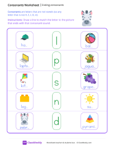 Ending Consonants - Zebra | Reading & Writing Worksheet