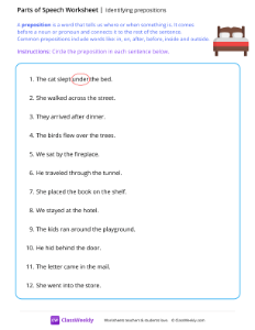 Identifying prepositions - Bed | Grammar Worksheet