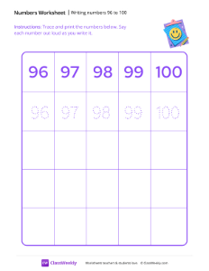 Writing numbers 96 to 100 - Smiley | Math Worksheet