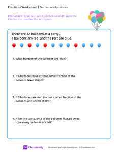 Fraction word problems - Balloons | Math Worksheet